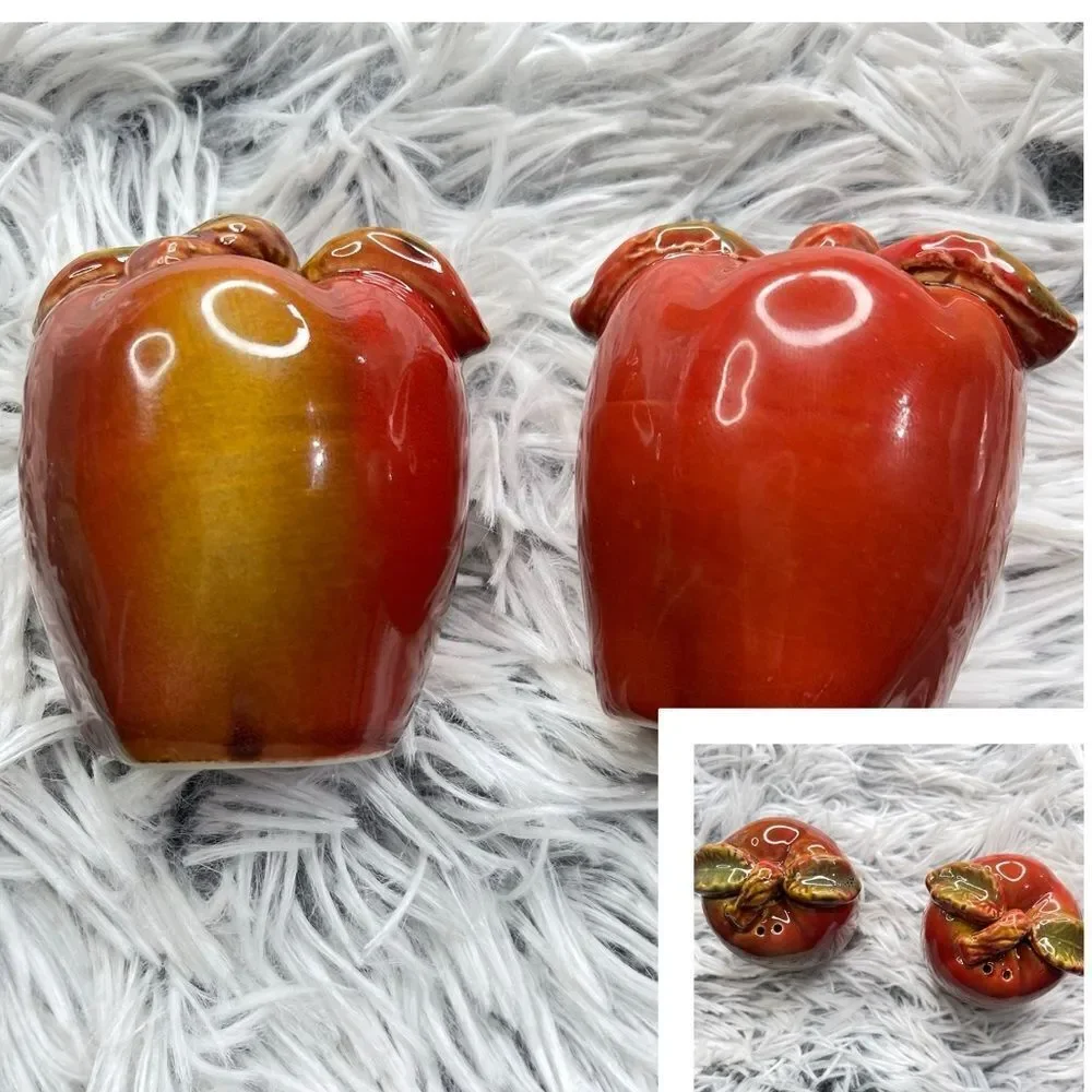 Vintage Red Apple Glazed Ceramic Salt and Pepper Shakers, 2-Piece Matching Set